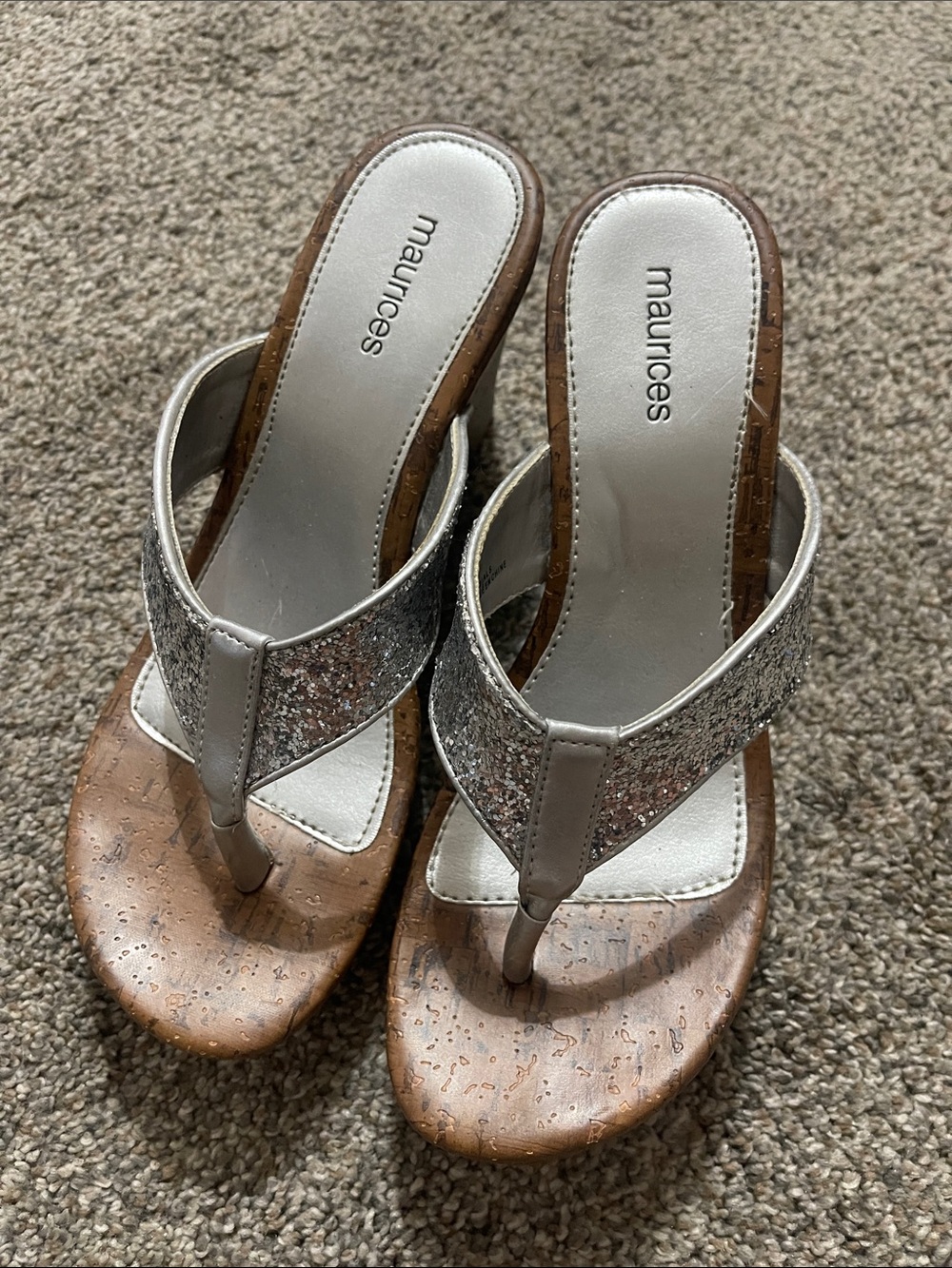 Maurices Silver Glitter Wedge Thong Sandals